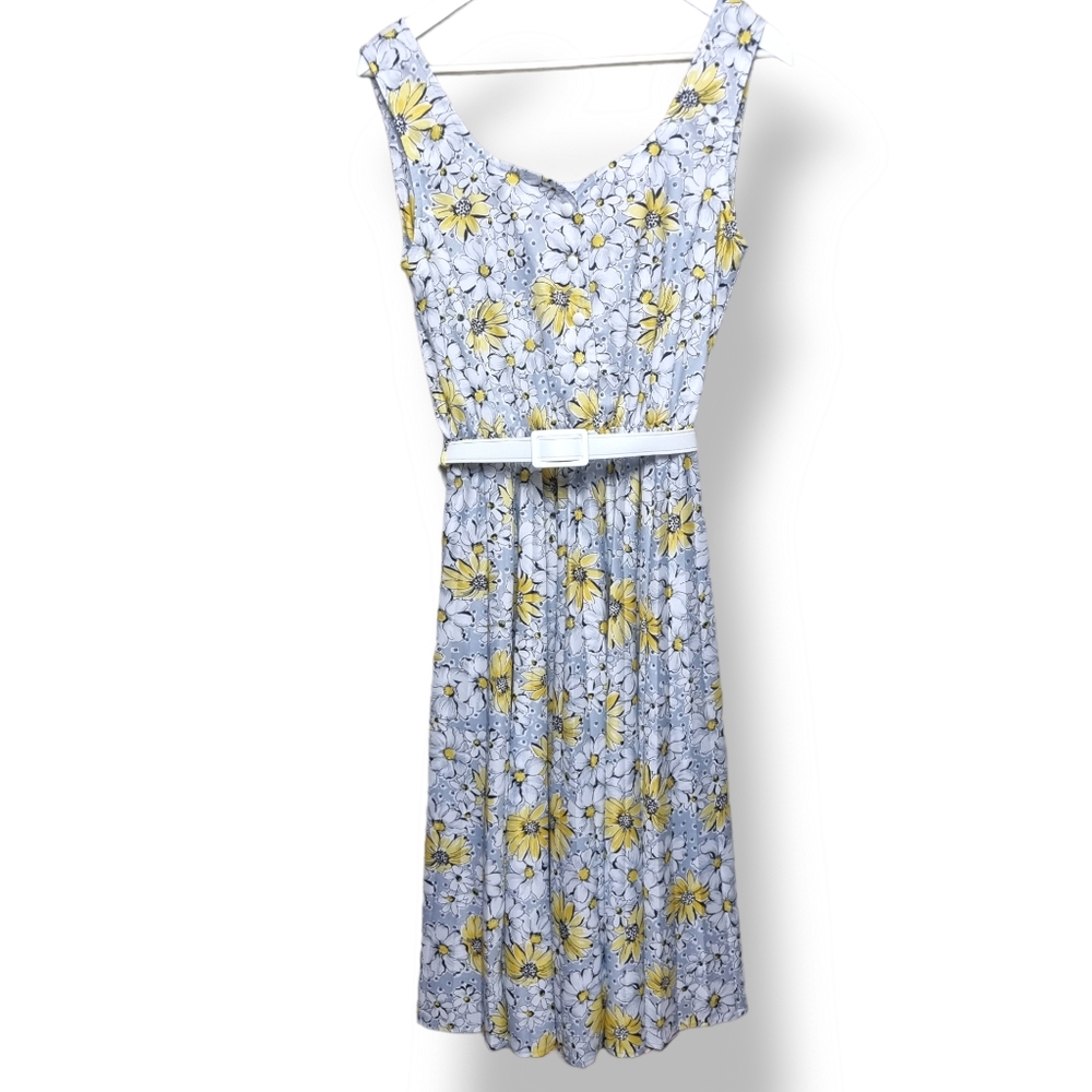 Vintage Heather Valley Dress Size 14 1970's Yellow Grey Daisy Sleeveless Button - Picture 2 of 10